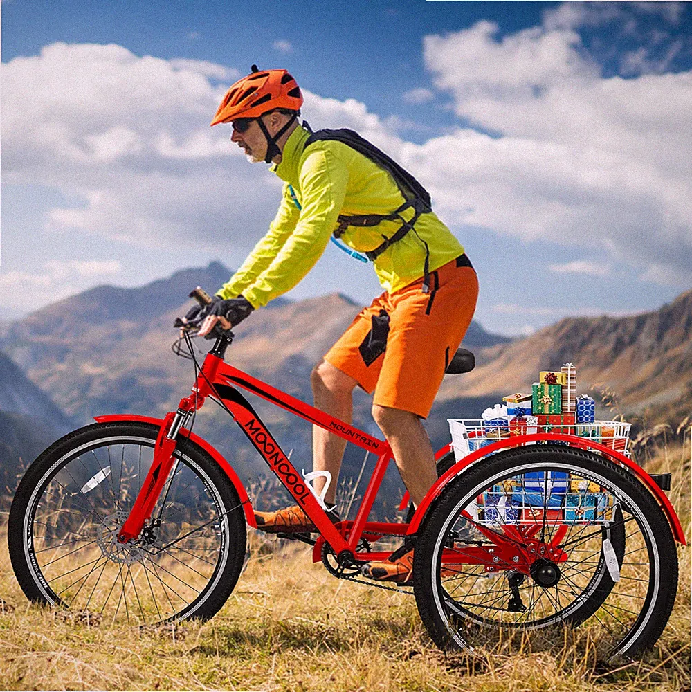 MOONCOOL 26'' Mountain Tricycle 7 Speed 3 Wheels MTB Bike Disc Brake with Basket