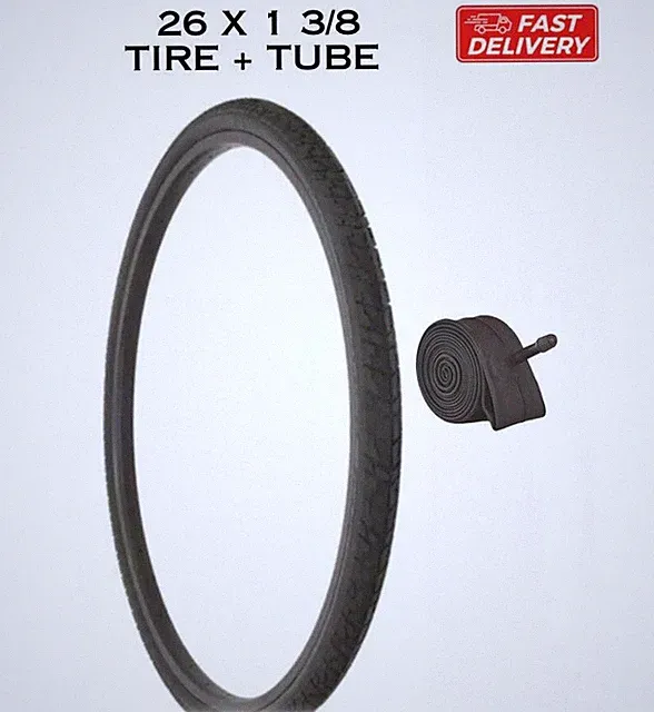 One (1) 26 x 1 3/8 Bicycle All Black Tire + Inner Tube Bike Touring Road DURO
